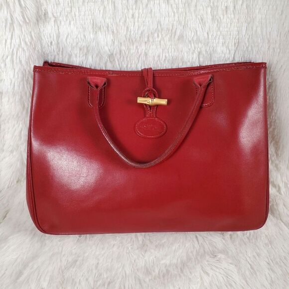 Longchamp Vintage Roseau Toggle Red Leather Tote Bag